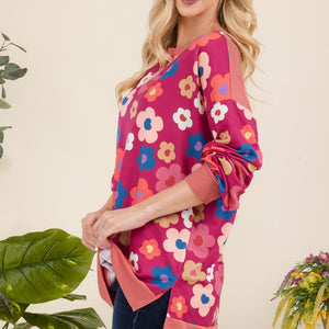 Celeste Full Size Side Slit Flower Print Long Sleeve Top