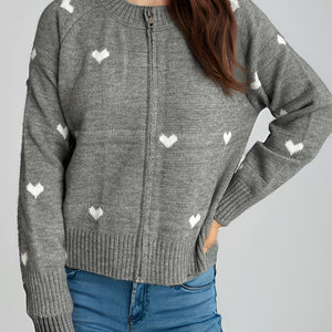 Heart Round Neck Zip Up Cardigan