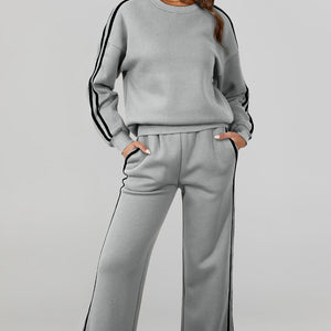 Round Neck Long Sleeve Top and Pants Active Set