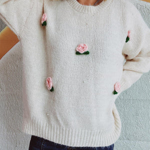 Flower Round Neck Long Sleeve Sweater