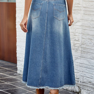 Raw Hem Buttoned Denim Skirt with Pockets