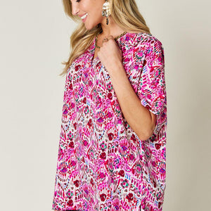 Double Take Full Size Printed V-Neck Short Sleeve Blouse