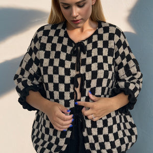 Double Take Tied Checkered Dropped Shoulder Flounce Sleeve Cardigan