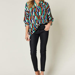 Double Take Full Size Geometric Notched Dolman Sleeve Top