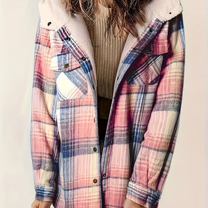 Plaid Snap Down Long Sleeve Hooded Outerwear