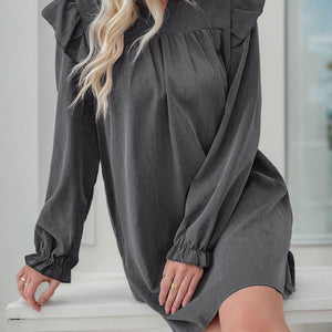 Perfee Ruffled Notched Long Sleeve Mini Dress