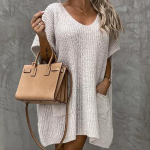 V-Neck Short Sleeve Sweater with Pockets