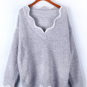 Notched Dropped Shoulder Long Sleeve Sweater