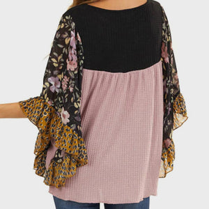 Full Size Printed Round Neck Three-Quarter Sleeve Blouse