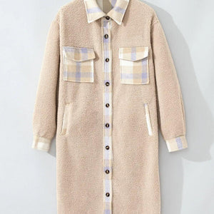 Slit Plaid Button Down Long Sleeve Coat