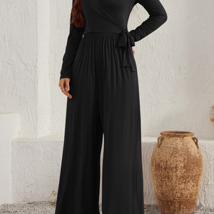 Tied Round Neck Long Sleeve Jumpsuit