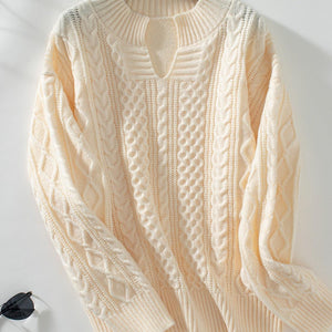 Cable-Knit Notched Long Sleeve Sweater