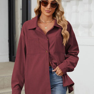 Button Up Dropped Shoulder Long Sleeve Outerwear