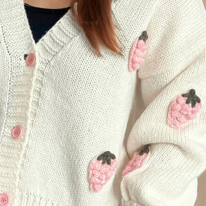 Crochet Strawberry V-Neck Long Sleeve Cardigan