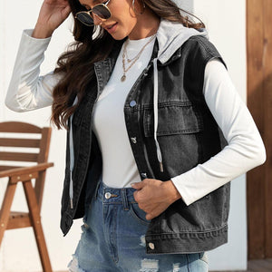 Drawstring Button Up Sleeveless Denim Jacket