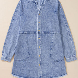 Raw Hem Button Down Long Sleeve Denim Dress