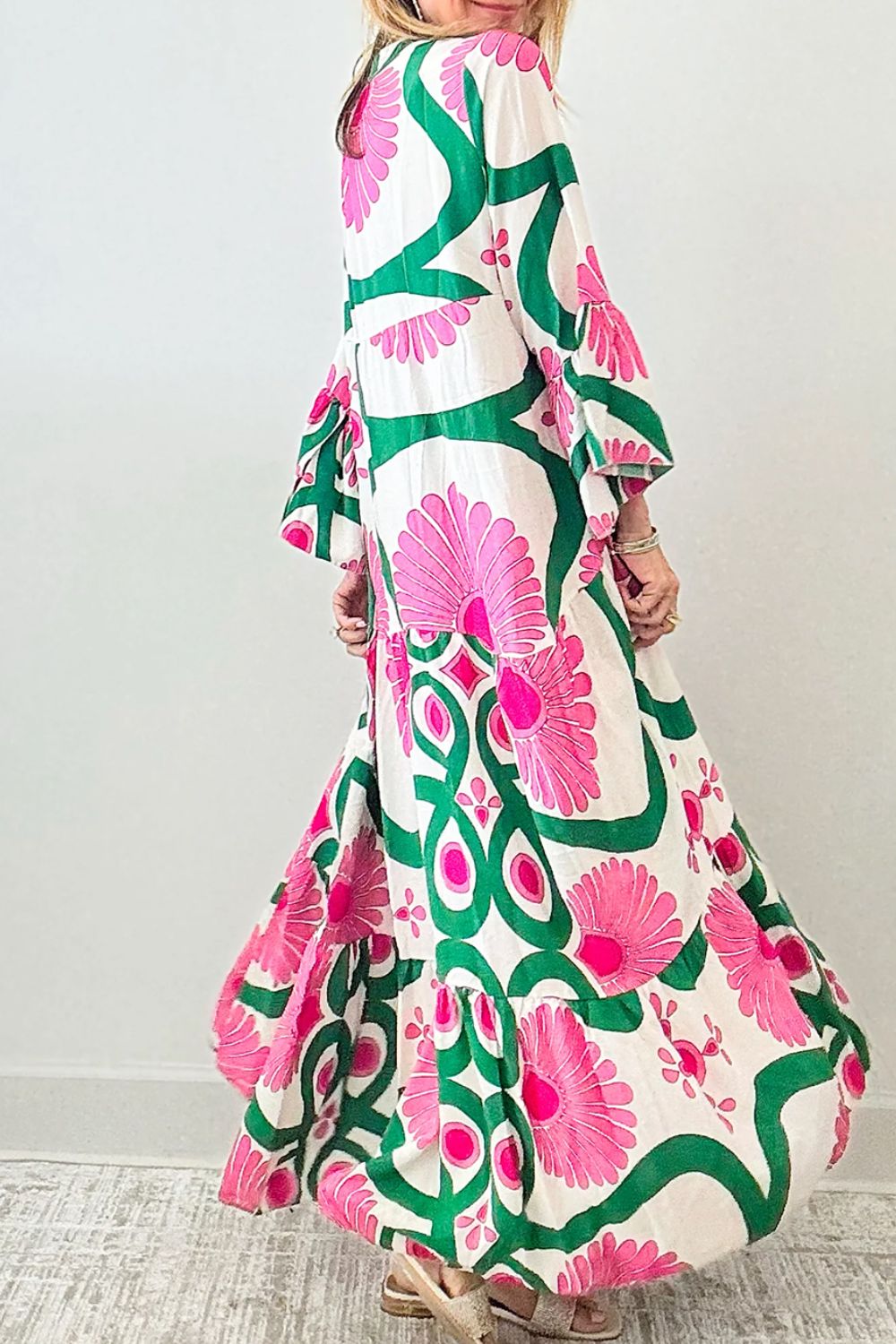 Printed Notched Long Sleeve Maxi Dress