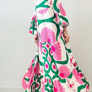 Printed Notched Long Sleeve Maxi Dress