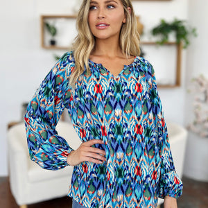 Double Take Full Size Printed Balloon Sleeve Blouse