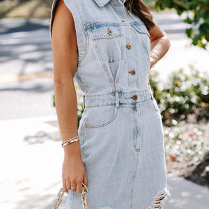 Distressed Half Button Sleeveless Denim Dress