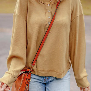 Waffle-Knit Half Button Round Neck Long Sleeve Top