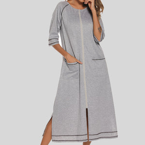 Zip Up Slit Round Neck Night Dress with Pockets