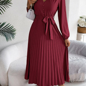 Pleated Tied V-Neck Long Sleeve Dress