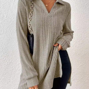 Slit Johnny Collar Long Sleeve Top