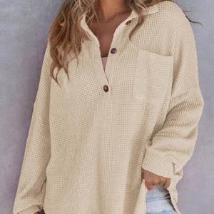 Waffle-Knit Dropped Shoulder Long Sleeve Sweatshirt