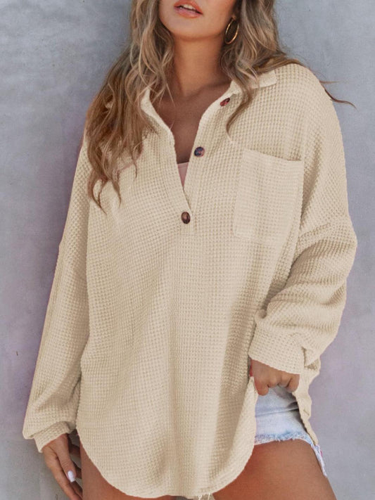 Waffle-Knit Dropped Shoulder Long Sleeve Sweatshirt