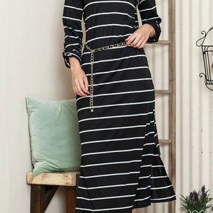 Slit Striped Scoop Neck Long Sleeve Midi Tee Dress