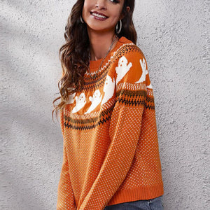 Ghost Pattern Round Neck Long Sleeve Sweater