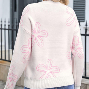 Angel Wings Flower Round Neck Dropped Shoulder Sweater