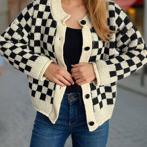 Checkered Button Up Round Neck Cardigan