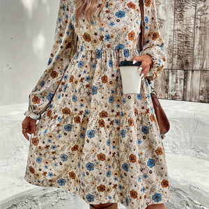 Ruffled Printed Round Neck Long Sleeve Dress