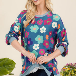 Celeste Full Size Side Slit Flower Print Long Sleeve Top