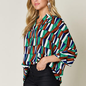 Double Take Full Size Geometric Notched Dolman Sleeve Top