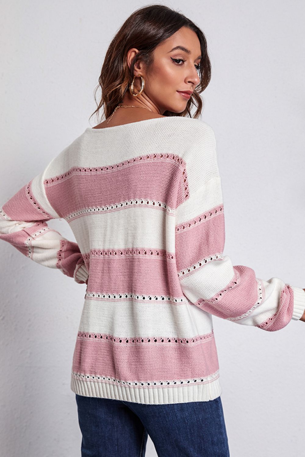 Striped Boat Neck Dropped Shoulder Sweater