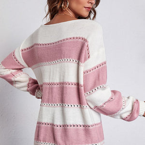 Striped Boat Neck Dropped Shoulder Sweater