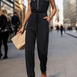 Perfee Half Zip Sleeveless Jumpsuit with Pockets