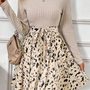 Tied Printed Mock Neck Long Sleeve Dress