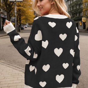 Heart Button Up Dropped Shoulder Long Sleeve Cardigan