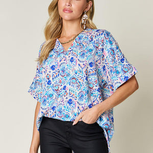 Double Take Full Size Printed V-Neck Short Sleeve Blouse