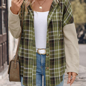 Perfee Drawstring Plaid Long Sleeve Hooded Shirt