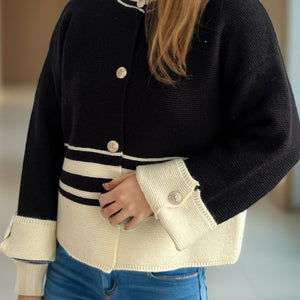 Striped Button Down Dropped Shoulder Cardigan