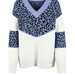 Leopard V-Neck Dropped Shoulder Sweater