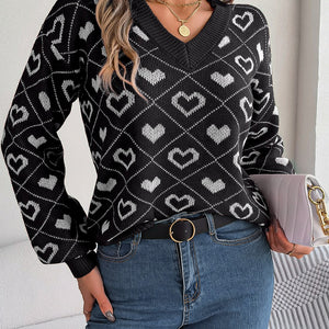 Heart Pattern V-Neck Long Sleeve Sweater