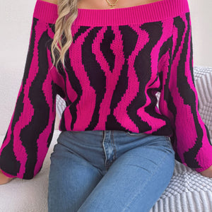 Off-Shoulder Animal Print Long Sleeve Sweater