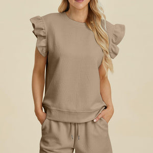 Double Take Full Size Texture Round Neck Ruffle Sleeve Top and Shorts Set