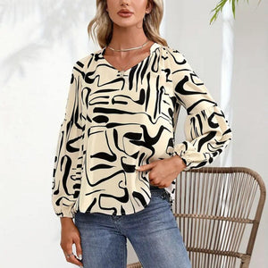 Printed Notched Long Sleeve Blouse